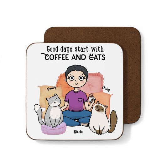 Good Days Start with Coffee and Cats – Personalized Coaster Set ☕🐾